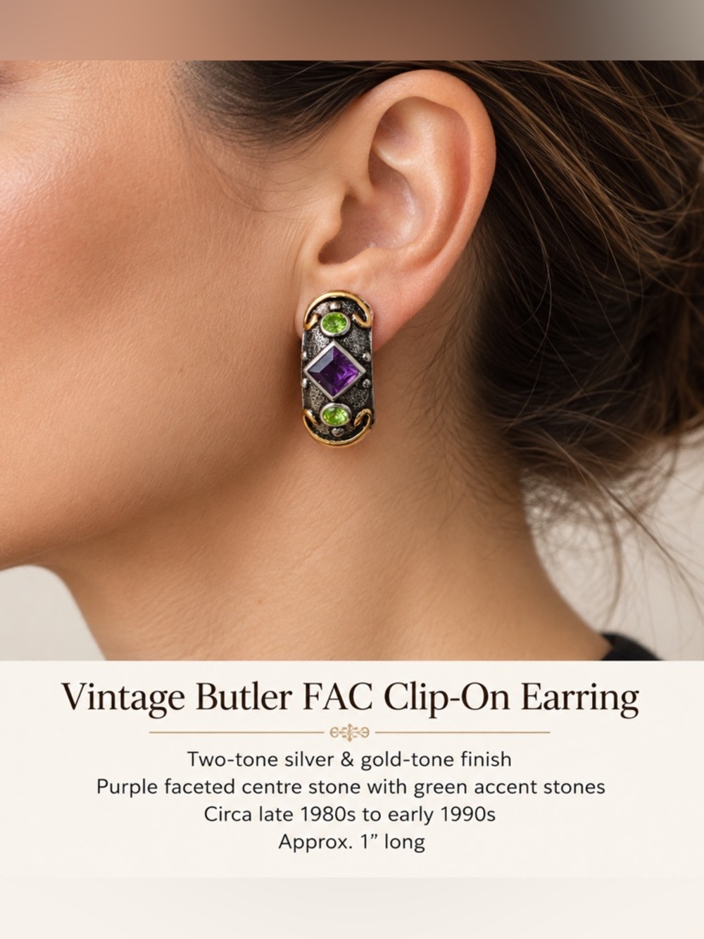 Vintage Butler FAC Clip-On Earrings Purple Green Stones 1”